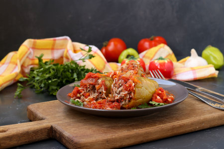 Stuffed peppers with meat, rice and tomato sauce located in a plate on a dark background