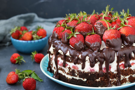 Chocolate cake with strawberries and cream located on a dark background, horizontal photoの写真素材