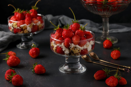 Dessert with strawberries, cottage cheese and biscuit in glass goblets against a dark background, horizontal photo