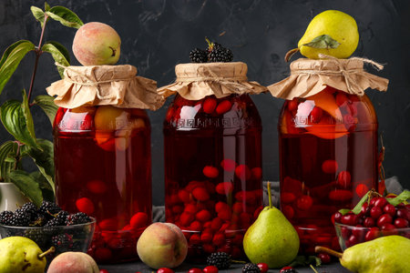 Different of dogwood compote with peaches, pears and blackberries in jars on a dark background,...