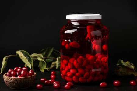 Dogwood compote in jar on a dark background, horizontal orientation