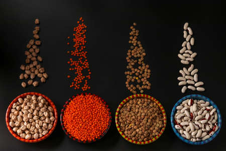 Red and brown lentils, chickpeas and white beans are legumes that contain a lot of protein are located on a dark background in bowls, horizontal orientation, copy space, top viewの写真素材