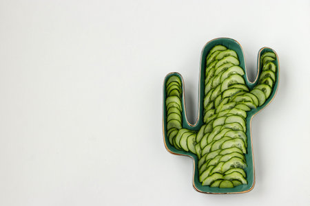 Salad with Cucumber in a ceramic plate in the shape of a cactus on a white background, Top View, horizontal orientation, copy spaceの写真素材