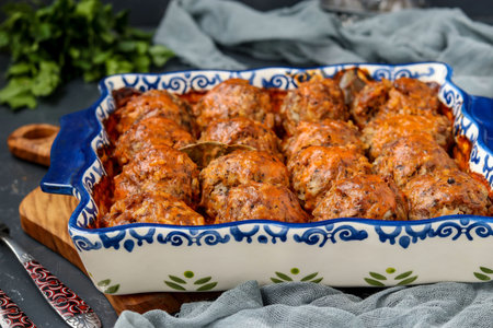 Meatballs in sour cream and tomatoes sauce in ceramic form against a dark background, horizontal...