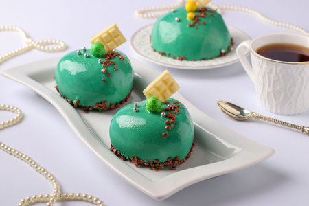 Homemade bright mousse cakes Hearts with green mirror icing on a white background, Closeup,...