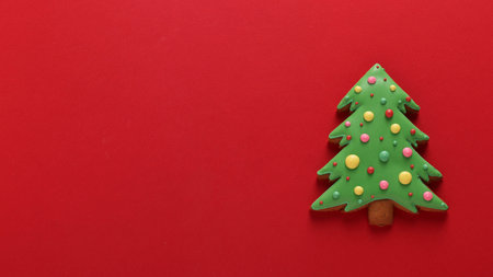 Edible Christmas tree, gingerbread, Happy New Year, red background, Copy space, horizontal...
