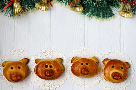 Homemade Buns Piglets on a white background, horizontal orientation, Top view, Copy spaceの写真素材