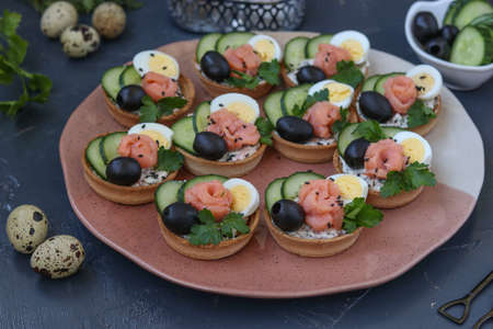 Holiday tartlets with cheese, salmon, black olives, quail eggs and cucumbers on dark background, horizontal orientation, closeupの写真素材