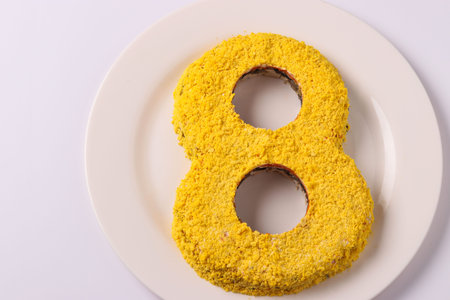 Festive salad in the form of the number 8 , International Women's Day, Top view