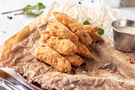 Chicken Nuggets Served on a Plate with White Sauce, Closeup