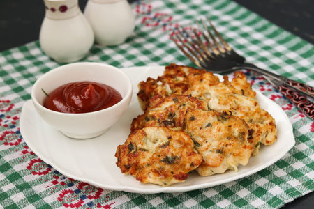 Homemade chicken patties, Chicken fillet is fried and served with tomato sauce on a plate on dark...