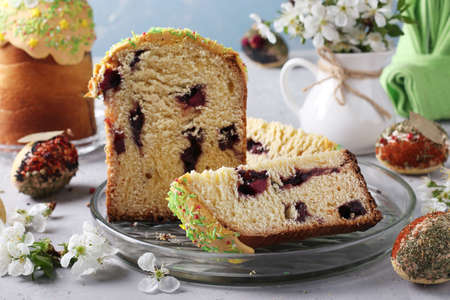 Easter cake with a slit and jam inside and Easter eggs decorated with spices and cereals, Horizontal format, Closeupの写真素材
