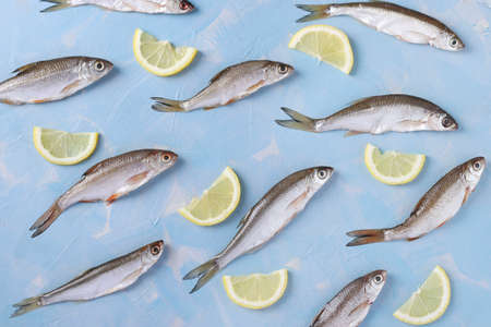 Pattern of small fish with lemon slices on a blue background, Top view, Horizontal formatの写真素材