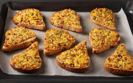 Homemade hot sandwiches with cheese and sausage, on parchment on a baking tray, Horizontal format