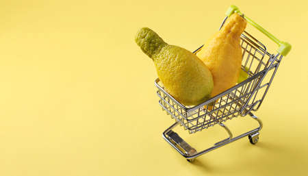 Grocery trolley with two ugly lemons on bright yellow background. Concept environmental shopping, Organic food, Space for textの写真素材
