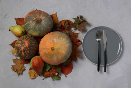 Table setting on Thanksgiving Day decorated pumpkin, viburnum, pears and colorful leaves on grey. View from aboveの写真素材
