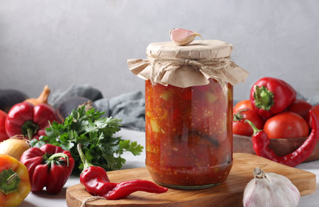 Vegetable salad with eggplant, carrot, peppers, onion and tomatoes in glass jar on wooden board,...