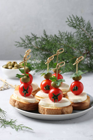 Canapes of mozzarella, cherry tomatoes, green olives, parsley on croutons of white bread on gray...