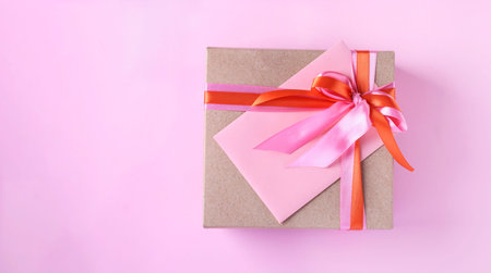 Gift box and envelope with bright ribbon on a pink background. Concept for Valentines Day, Mothers...