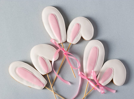 Gingerbread cookies in the shape of bunny ears on a pastel blue background. View from above....