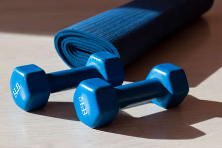 Two blue dumbbells and yoga mat with shadows in the gym. Sport and fitness conceptの写真素材
