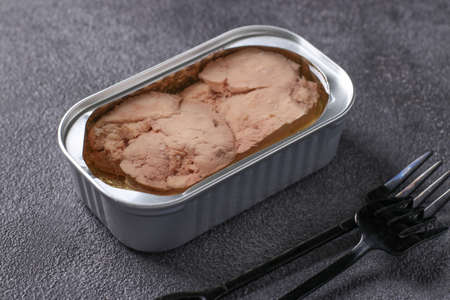 Cod liver in an iron jar on dark gray background. Horizontal formatの写真素材