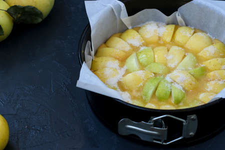 Cooking pie with apples. The dough is poured into a mold with parchment paper, the apples are laid out on topの写真素材
