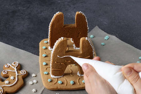 Build deer-shaped gingerbread at home. Step by step. Girl paints a gingerbread with sugar icingの写真素材