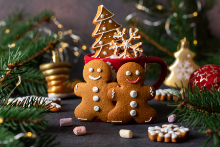 Homemade gingerbread cookies in the form of fabulous gingerbread men, snowflakes and christmas tree in red cup in new year compositionの写真素材