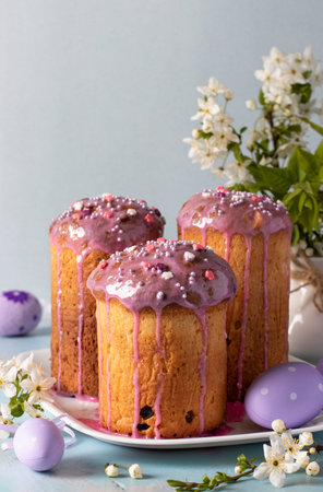 Three Easter cakes with colorful eggs on pastel blue background. Easter Spring Still Life