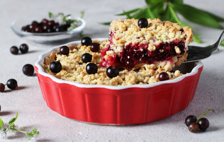 Homemade shortbread pie with black currant with cut piece in ceramic form on gray backgroundの写真素材