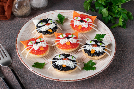 Tartlets Kittens with cheese, egg and caviar on a round plate on brown background, Close-up