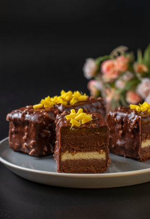 Chocolate almond brownie with mango and passionfruit jam covered gourmet chocolate glaze on black...