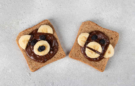 Two sweet toasts for kids in shape of bear and monkey, with banana, chocolate and raisinの写真素材