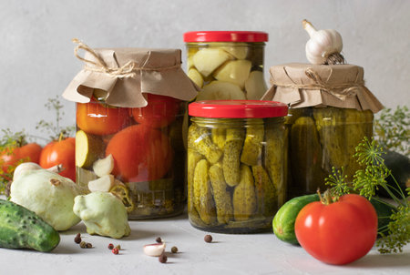 Pickled cucumbers, tomatoes and squash with dill, garlic and chili peppers in glass jars on gray...