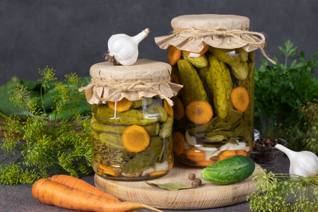Homemade pickled cucumbers with carrots, garlic, bay leaves and dill in two jars on gray backgroundの写真素材