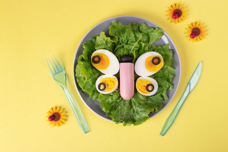 Butterfly made of eggs, sausage, olives and green lettuce leaves on yellow background - healthy breakfast idea for kidsの写真素材
