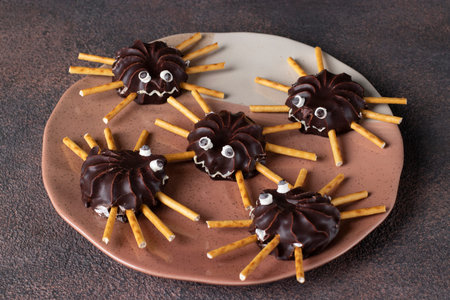 Halloween Treats - Chocolate Marshmallow Spiders With Sweet Strawsの写真素材