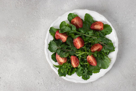 Salad with arugula(rucola, rocket) and cherry tomatoes on white plate on gray background, Top view, Copy spaceの写真素材