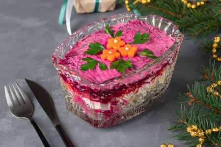 Traditional Russian holiday salad Herring under a fur coat in transparent salad bowl on gray...