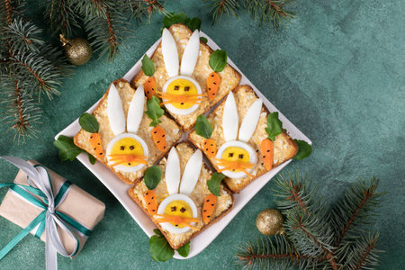 Sandwiches for the New Year 2023 of canned tuna, eggs and melted cheese, decoration bunny from egg on plateの写真素材