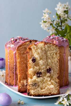 Easter cake with a slit on pastel blue background. Easter Spring Still Card