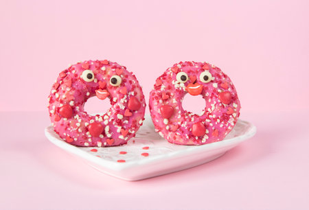 Donuts with bright pink glaze in heart-shaped plate on pink background, Food concept of romantic loveの写真素材