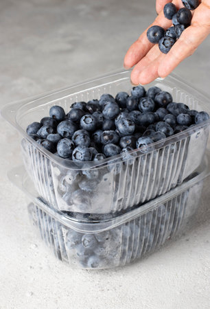 Fresh blueberries in two plastic containers on gray background, woman's hand drops blueberries into containerの写真素材