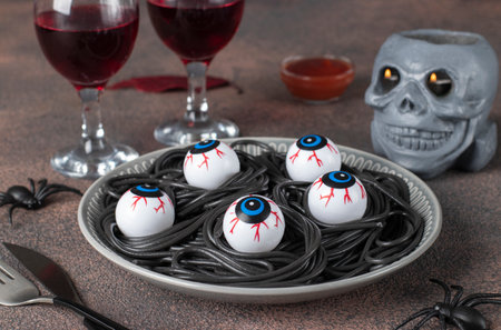 Halloween Italian black pasta decorated horror eyes on gray plate, Horror food for partyの写真素材