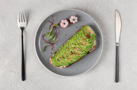 Sandwich with avocado, paprika and sesame on gray plate, View from aboveの写真素材