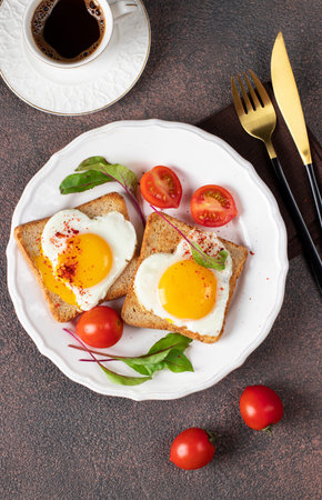 Heart-shaped fried eggs on toast with cherry tomatoes and a cup of coffee for breakfast, Top view