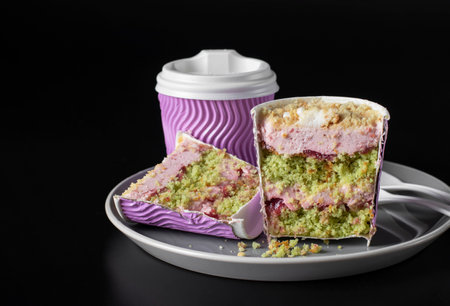 Takeway cake in a glass with pistachios, strawberry mousse and strawberry confit on gray plateの写真素材