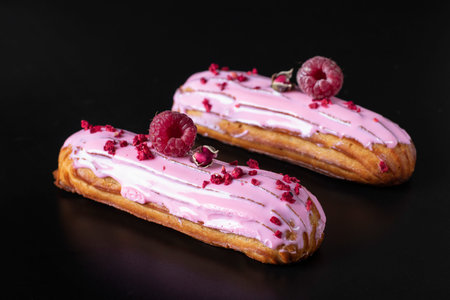 Berry eclairs covered with pink icing and decorated with raspberries on a black background, Closeup
