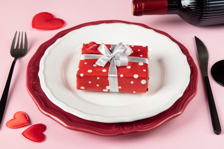 Romantic dinner table setting on Valentine's Day. Gift on a plate, bottle of wine and glass on pink background. Date in restaurantの写真素材